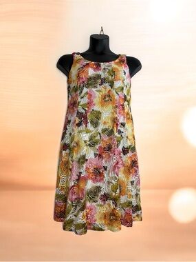 Sleeveless Floral Crochet Dress in Pink, Yellow & Green